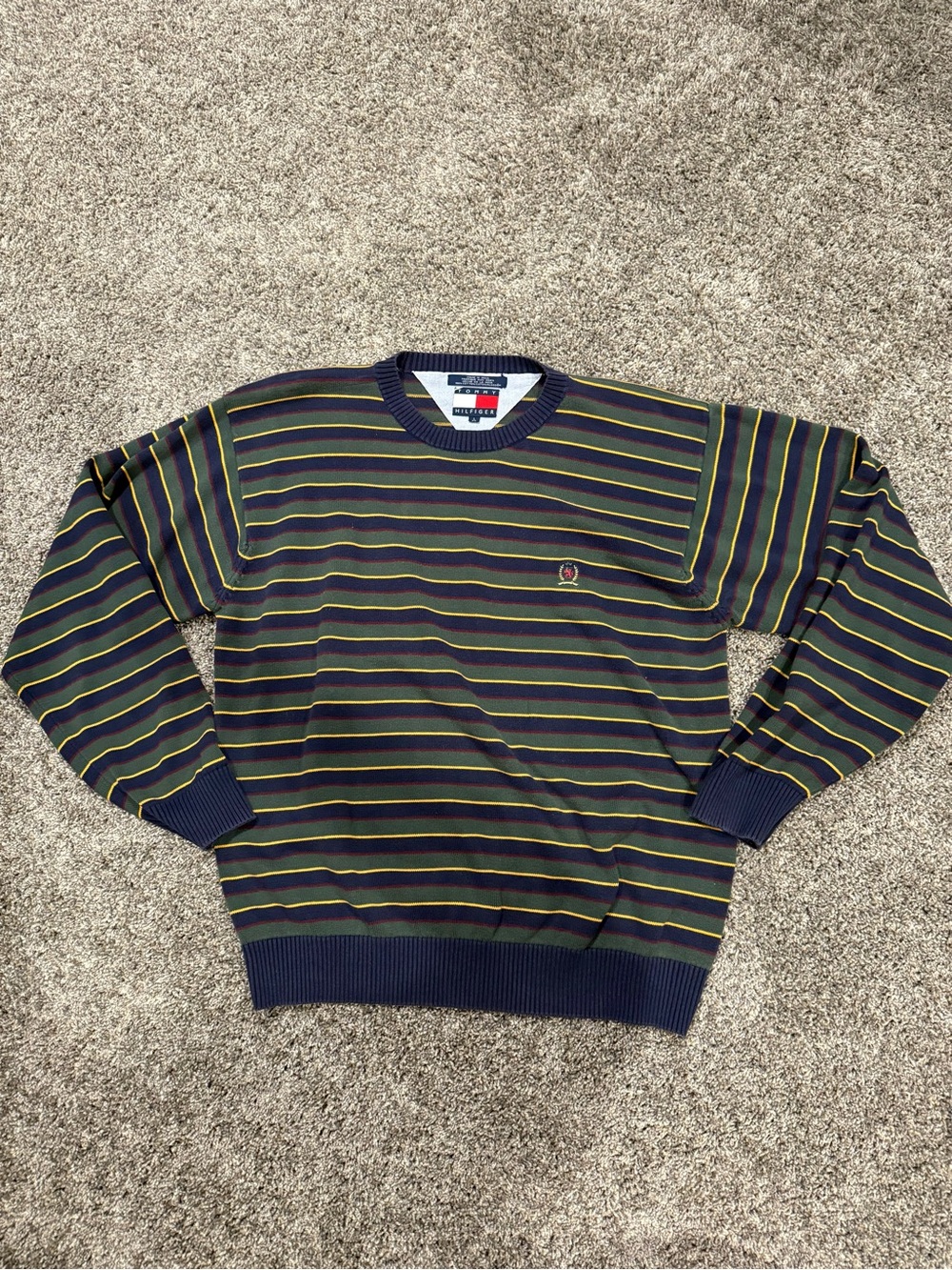Tommy Hilfiger Navy Crewneck Sweater with Green and Yellow Stripes